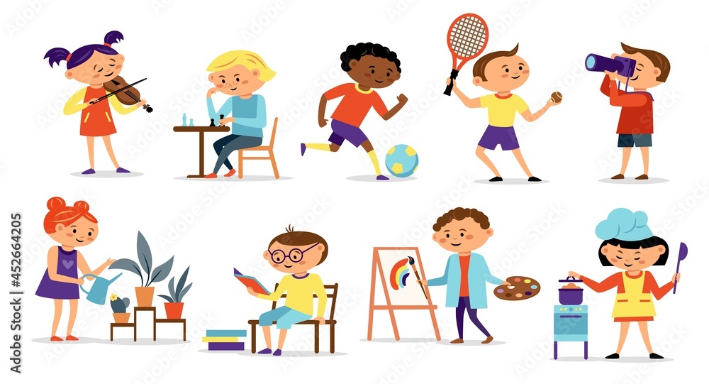 Children different hobbies icon collection with painting, cooking, sport,  music, isolated on white background. Child hobby concept. Vector flat  illustration. Design for card, infographic, web site Stock Vector