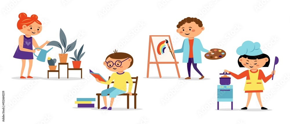 Children different hobbies icon collection with painting, cooking, reading isolated on white background. Child hobby concept. Vector flat illustration. Design for card, infographic, web site Children different hobbies icon collection with painting, cooking, reading isolated on white background. Child hobby concept. Vector flat illustration. Design for card, infographic, web site