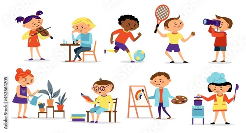 Children different hobbies icon collection with painting, cooking, sport, music, isolated on white background. Child hobby concept. Vector flat illustration. Design for card, infographic, web site