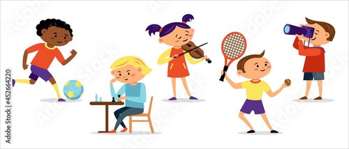 Children different hobbies icon collection with painting, cooking, sport isolated on white background. Child hobby concept. Vector flat illustration. Design for card, infographic, web site