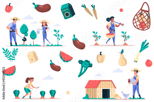 Farming and gardening isolated elements set. Bundle of people plant and water for plants, care chickens, harvest fruits and vegetables. Creator kit for vector illustration in flat cartoon design