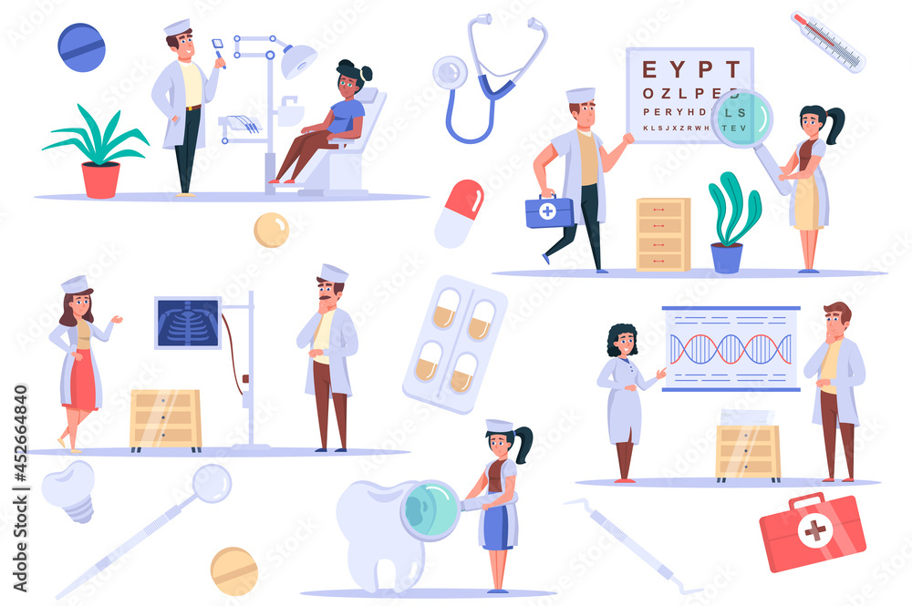 Medical clinic isolated elements set. Bundle of patient at dentist and ophthalmologist office, x-ray room, scientists are studying DNA. Creator kit for vector illustration in flat cartoon design Medical clinic isolated elements set. Bundle of patient at dentist and ophthalmologist office, x-ray room, scientists are studying DNA. Creator kit for vector illustration in flat cartoon design