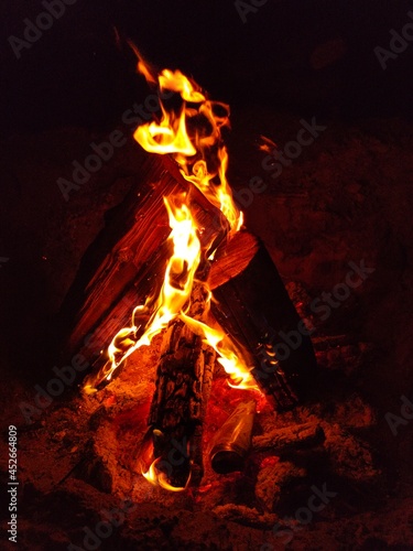 Black wood burning in the fire, orange fire
