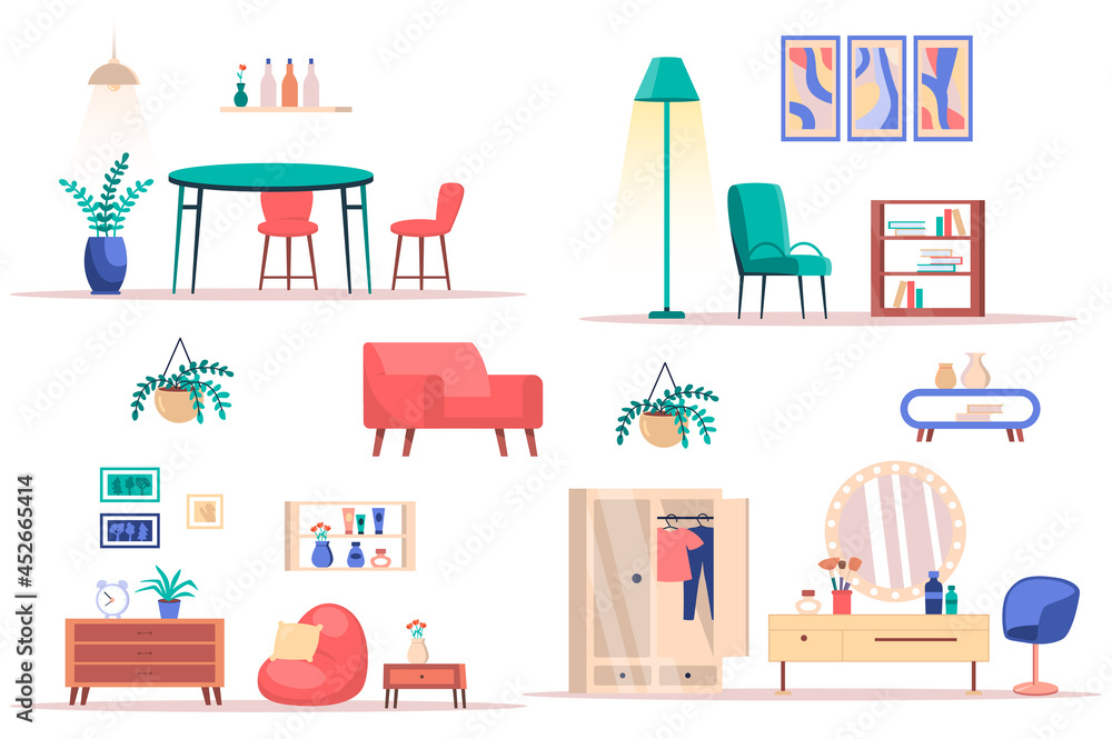 Room interior design isolated elements set. Bundle of stylish furniture, plants and decor of dining or living or dressing room, home library. Creator kit for vector illustration in flat cartoon design