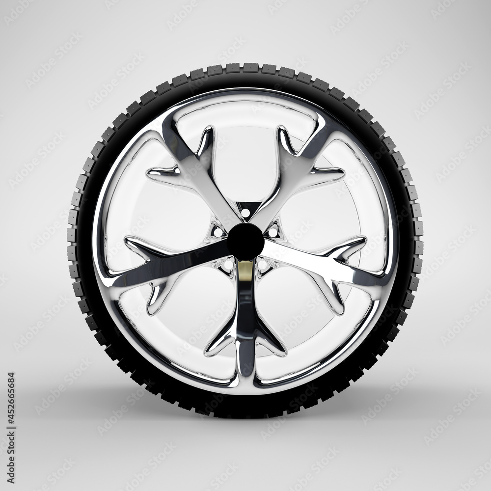 winter car wheel with rim in snowflake shape front view 3d render