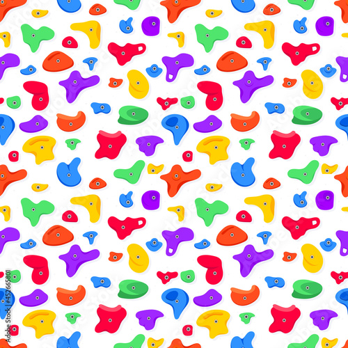 Seamless pattern of climbing grips or holds in the gym bouldering training flat style design vector illustration. Holds for the rock climbing walls. Crimps, jugs, pinches, slopers elements icon signs.