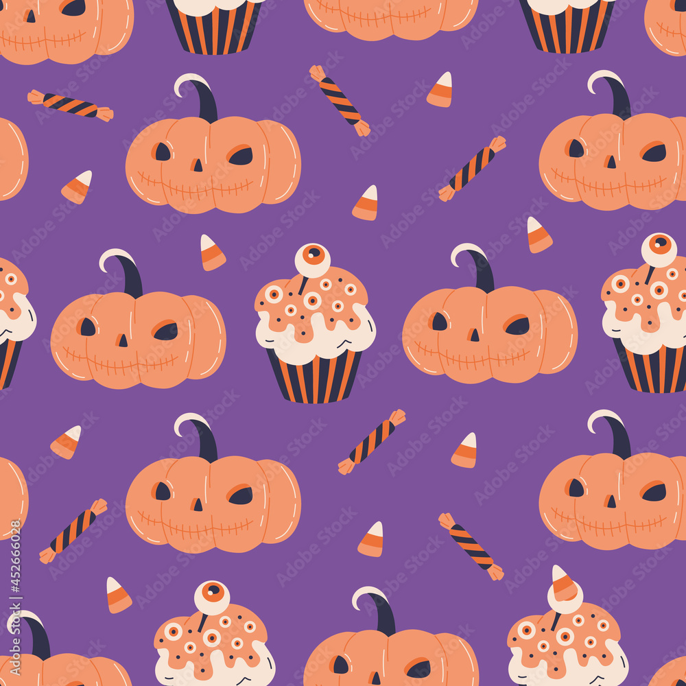 Halloween pumpkin jack and  creepy cupcake seamless pattern. Cute spooky desserts print design with candy corn. Vector textile wallpaper in doodle flat cartoon style. Scary holiday, purple background