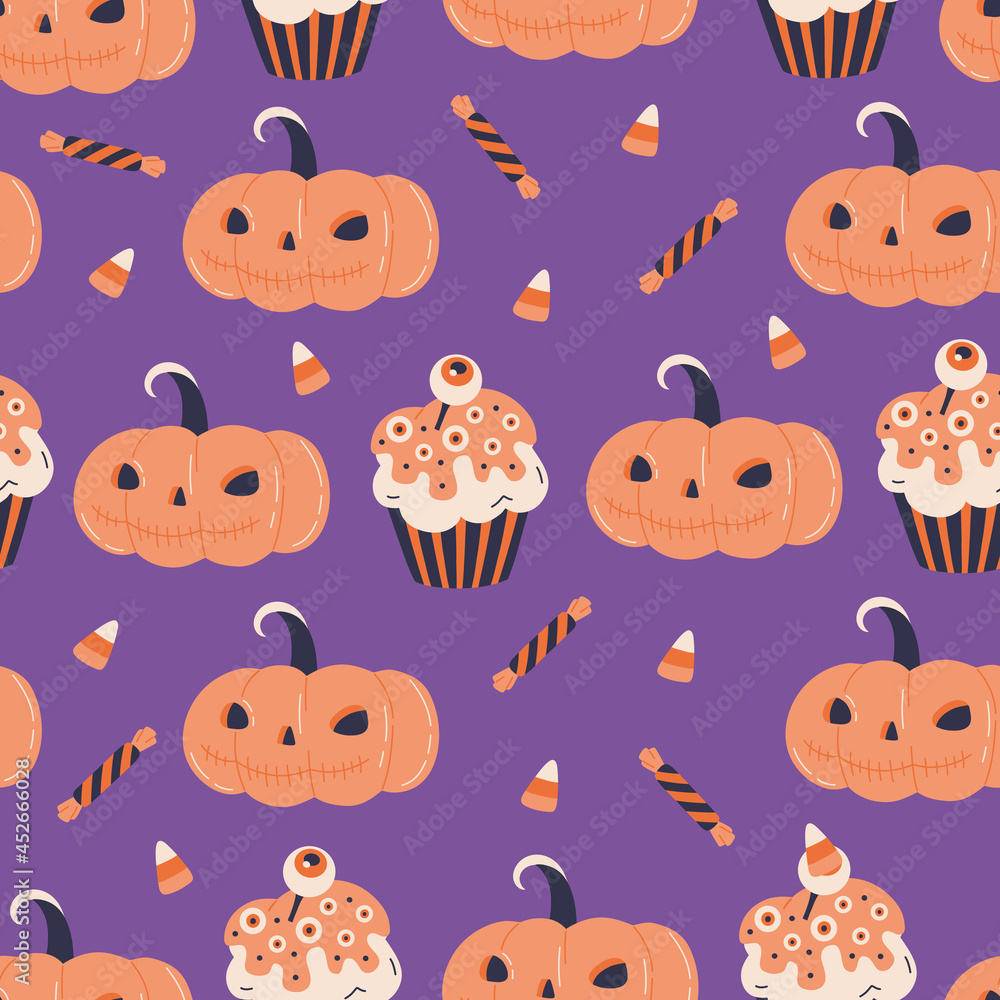 Naklejka premium Halloween pumpkin jack and creepy cupcake seamless pattern. Cute spooky desserts print design with candy corn. Vector textile wallpaper in doodle flat cartoon style. Scary holiday, purple background