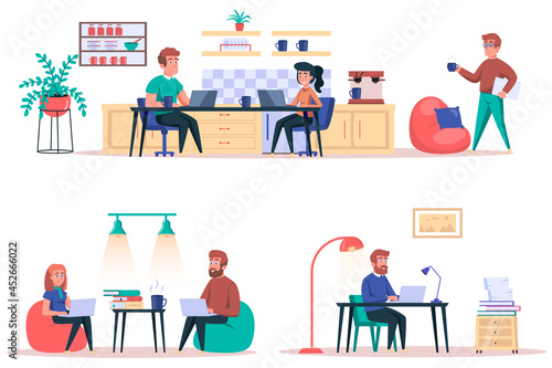 Coworking center isolated elements set. Bundle of employees work in open office  freelancers with laptops perform work tasks  organization. Creator kit for vector illustration in flat cartoon design