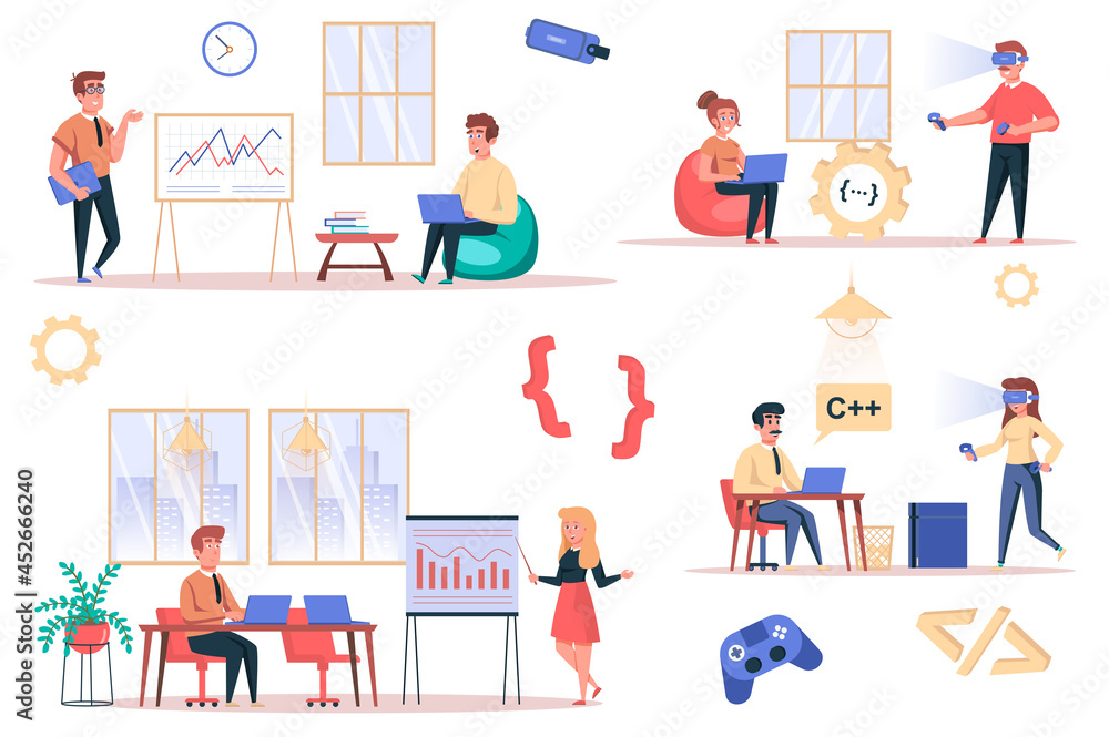 Game developer working isolated elements set. Bundle of employees analyze data, programmers write code, work on projects, gaming industry. Creator kit for vector illustration in flat cartoon design