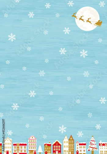 冬のクリスマスの街並みのベクターイラスト背景(パステル,風景,フレーム,xmas.X'mas,町並み,カード,メッセージカード,コピースペース,テクスチャ,グランジ,ポスター)