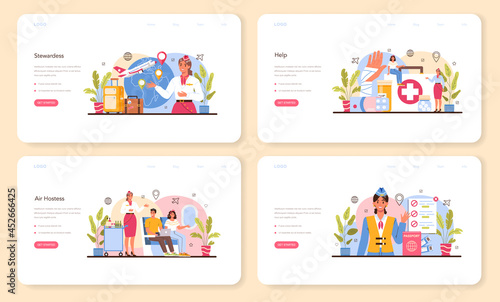 Stewardess web banner or landing page set. Flight attendants help passenger