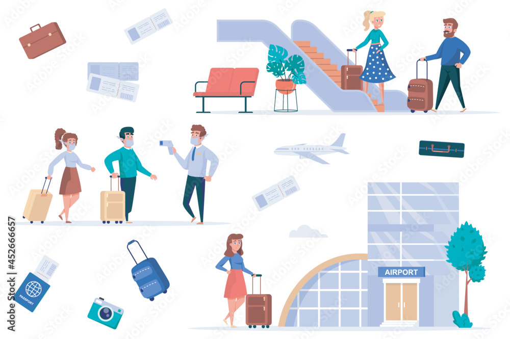 Airport terminal isolated elements set. Bundle of masked passengers go temperature control, tourists with luggage go to boarding, world trip. Creator kit for vector illustration in flat cartoon design