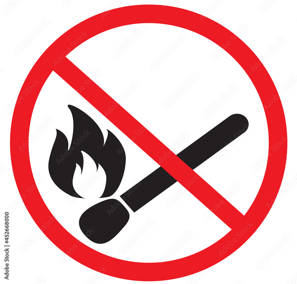 No open flame sign on white background. Forbidden sign with burning matchstick. no fire symbol. flat style. No open flame sign on white background. Forbidden sign with burning matchstick. no fire symbol. flat style.
