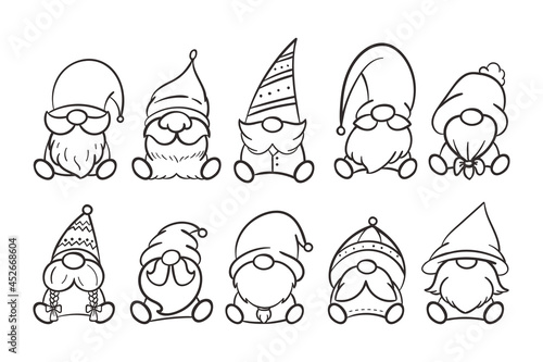 Line art Christmas gnomes design for coloring book isolated on a white background