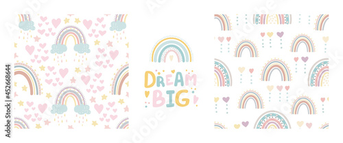 Cute rainbow seamless patterns set and lettering - dream big. Digital papper. Creative childish print for fabric, wrapping, textile, wallpaper, apparel, scrapbooking
