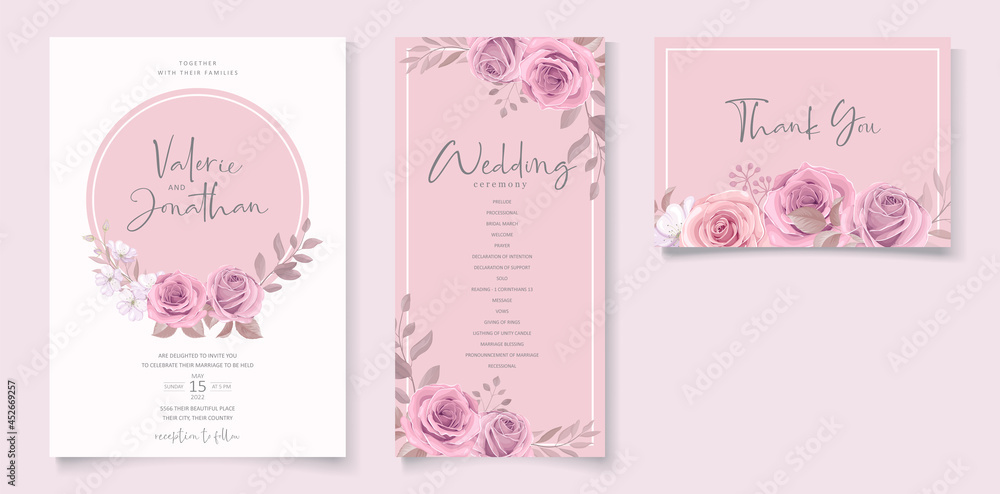 Wedding invitation template with pink floral design