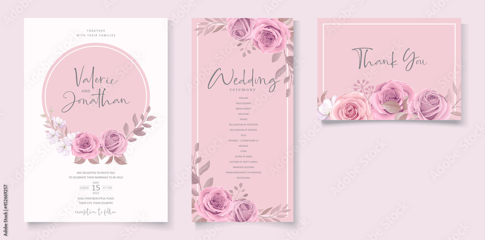 Wedding invitation template with pink floral design Wedding invitation template with pink floral design