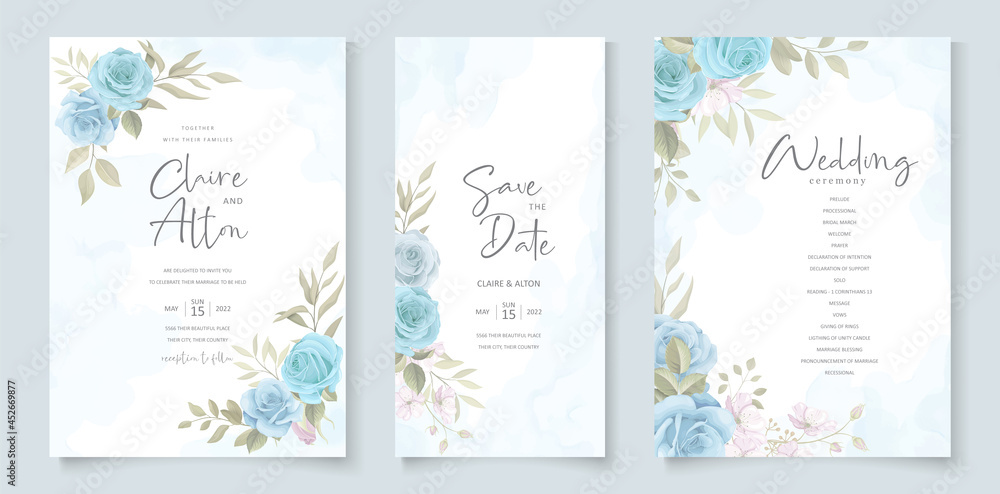 Wedding invitation template with blue floral design