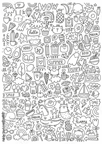 Big coloring page in doodle style. Cute cartoon lifestyle coloring page. Abstract design and Hand drawn elements - unicorn  stars  space  planet  heart  mermaid  clouds  cat  flowers  hand  rainbow