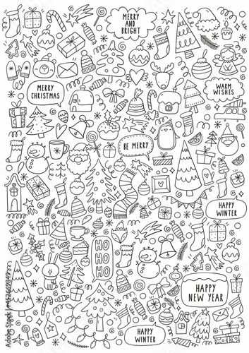 Merry Christmas and Happy New Year big coloring page in doodle style. Cute cartoon winter holidays hand drawn elements - vector set