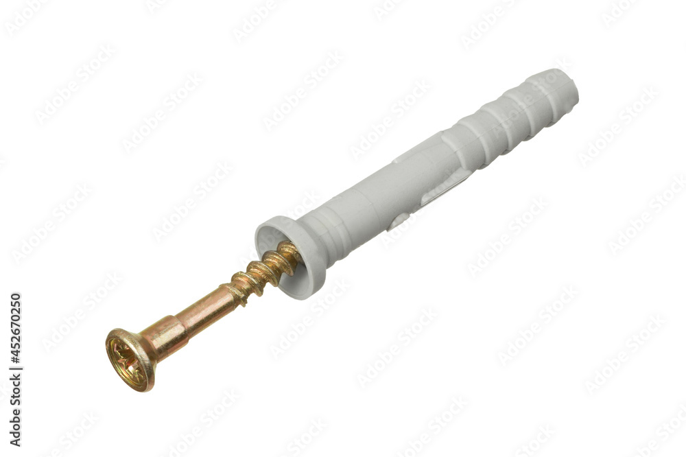 Long metal nail with plastic dowel for construction works isolated on white background Long metal nail with plastic dowel for construction works isolated on white background