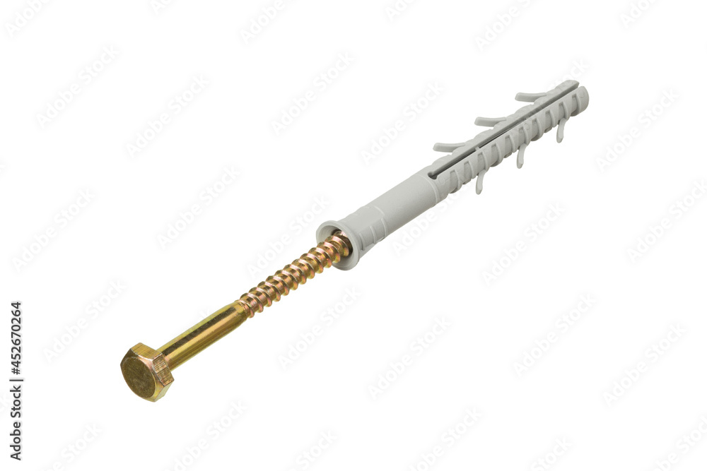 Long metal nail with plastic dowel for construction works isolated on white background Long metal nail with plastic dowel for construction works isolated on white background