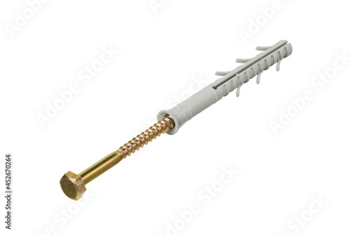 Long metal nail with plastic dowel for construction works isolated on white background