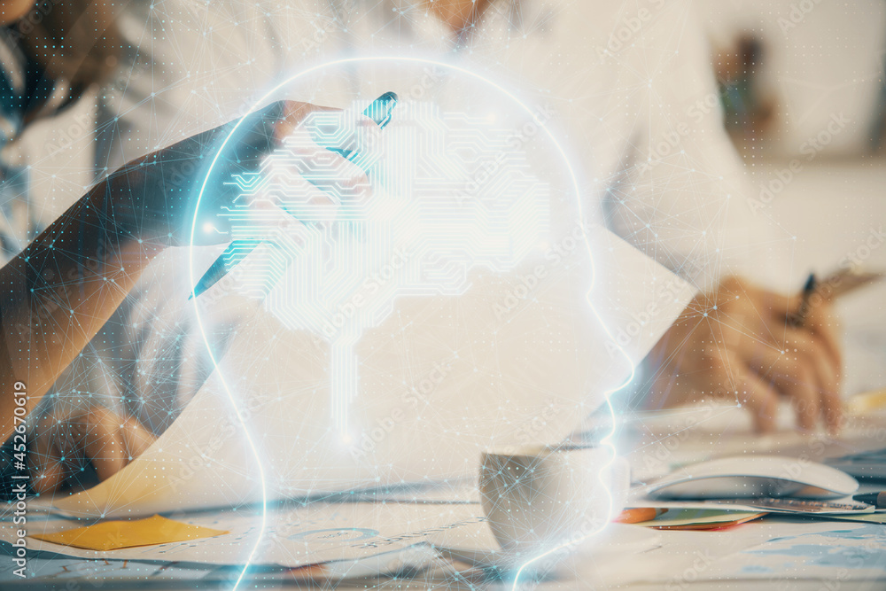 Double exposure of brain drawing over people taking notes background. Concept of Ai Double exposure of brain drawing over people taking notes background. Concept of Ai