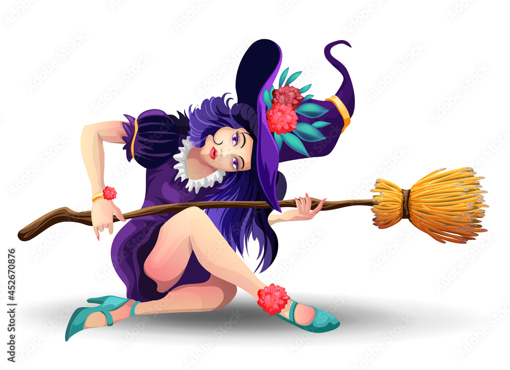 Halloween beautiful witch with broom sitiing on the floor. Halloween backgrounds collection. Halloween greeting card and poster, party sign. Cartoon vector character on white background. Isolated Halloween beautiful witch with broom sitiing on the floor. Halloween backgrounds collection. Halloween greeting card and poster, party sign. Cartoon vector character on white background. Isolated