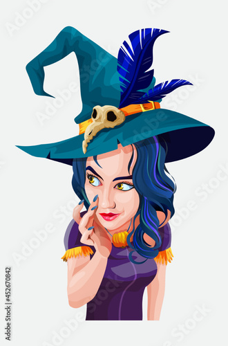 Halloween beautiful witch with green hat. Halloween backgrounds collection. Halloween greeting card and poster, party sign. Cartoon vector character on white background. Isolated