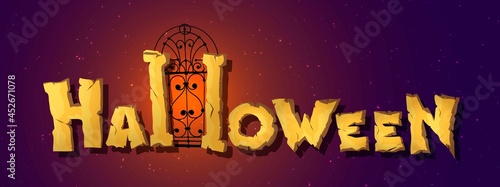 Halloween horizontal greeting banner with Halloween night, yellow handwritten text. Title Halloween on the dark background. Banner poster card for your design