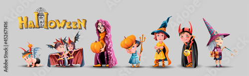 Collection with kids characters for Halloween. Halloween costumes set. Children, Boy, girl, witch, wizard, bat, demon, skull. Cartoon vector characters on white background. Isolated