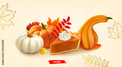 Piece of pumpkin pie with whipped cream and pumpkins. 3d realistic vector illustration of pumpkin pie. Autumn composition from white pumpkin, yellow pumpkins and autumn leaves for card, poster, web.
