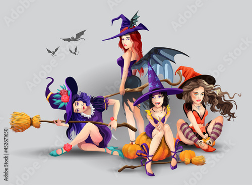 Halloween set with beautiful witches. Collection of different cute beautiful witches. Group of beautiful mystical girls. Isolated vector illustration in cartoon style