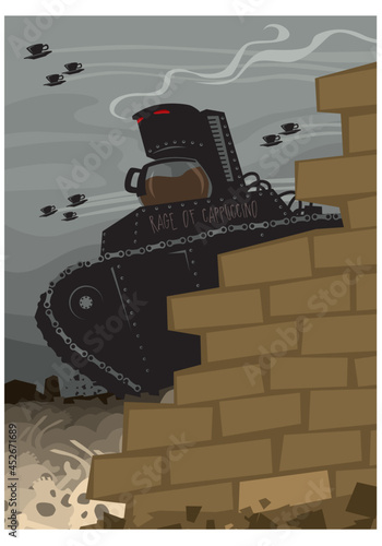 Coffeehorror. The end of humanity due to the coffee apocalypse. Cyborg in the form of a coffee machine destroys everything around. Vector image for prints, poster and illustrations.