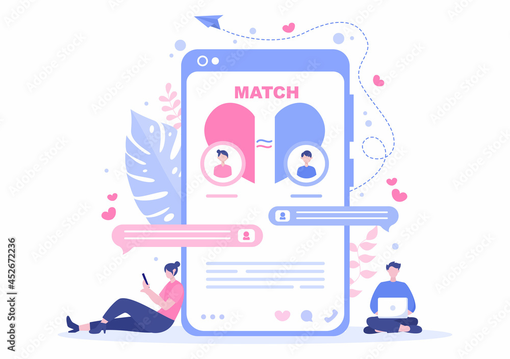 Dating App For a Couple With Male and Female in Smartphone If Match Become Love or Relationships. Background Flat Design Vector Illustration