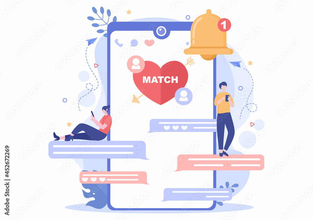 Dating App For a Couple With Male and Female in Smartphone If Match Become Love or Relationships. Background Flat Design Vector Illustration Dating App For a Couple With Male and Female in Smartphone If Match Become Love or Relationships. Background Flat Design Vector Illustration