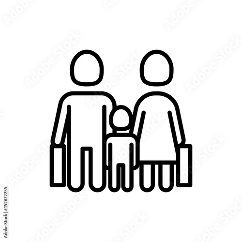 Migrants thin line icon, family with child and suitcases. Modern vector illustration.