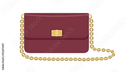 Modern flap clutch with gold chain strap and twist lock. Women fashion small purse bag. Elegant stylish fashionable leather handbag. Flat vector illustration isolated on white background photo