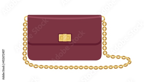 Modern flap clutch with gold chain strap and twist lock. Women fashion small purse bag. Elegant stylish fashionable leather handbag. Flat vector illustration isolated on white background