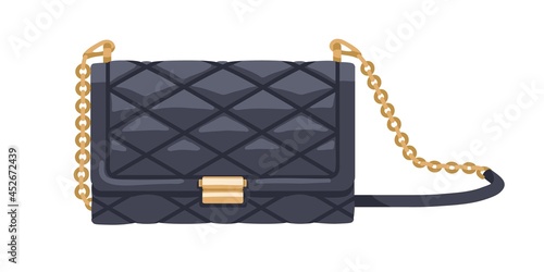 Classic quilted black flap bag with gold chain. Women fashion clutch. Small leather elegant purse. Modern rectangular evening handbag. Flat vector illustration isolated on white background