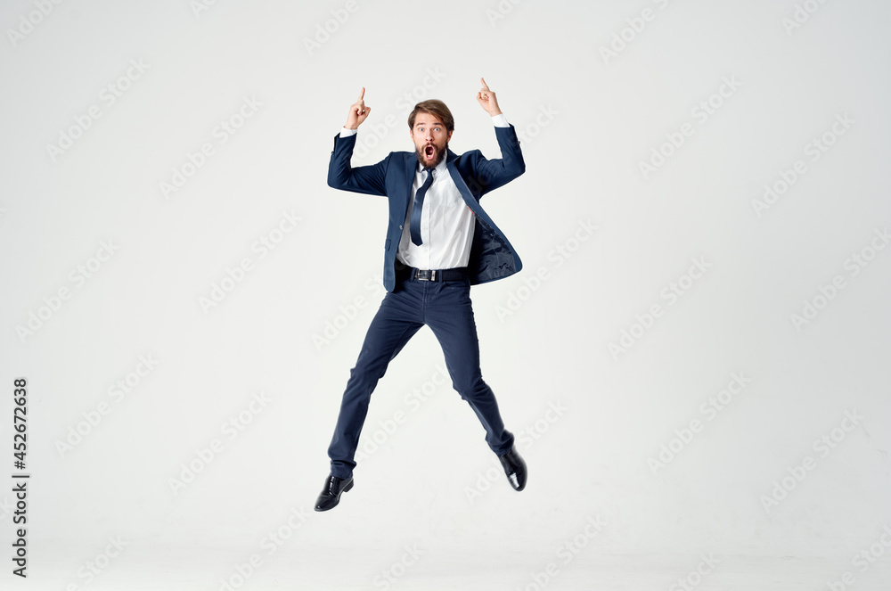 business man in suit emotions jump joy