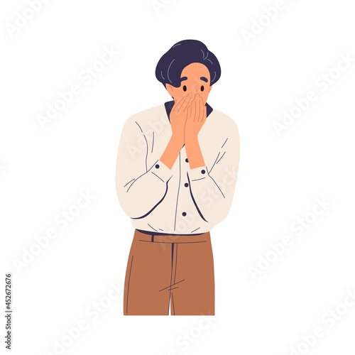 Surprised shocked man cover face with hands in amazement. Excited person with astonished and amazed expression. Human wondering to unbelievable. Flat vector illustration isolated on white background