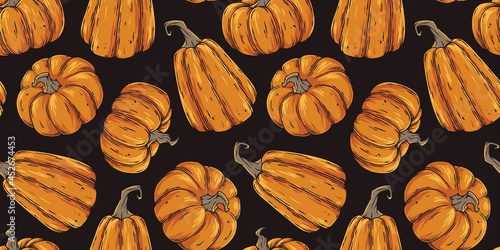 Autumn pumpkin for happy halloween. Seamless pattern of nature orange vegetable for holiday package and wrapper