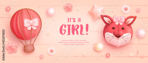 Baby shower horizontal banner with cartoon fox, hot air balloon, helium balloons and flowers on pink wooden background. It's a girl. Vector illustration