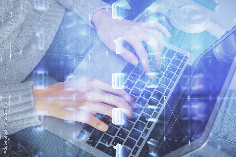 Double exposure of woman hands working on computer and data theme hologram drawing. Tech concept. Double exposure of woman hands working on computer and data theme hologram drawing. Tech concept.
