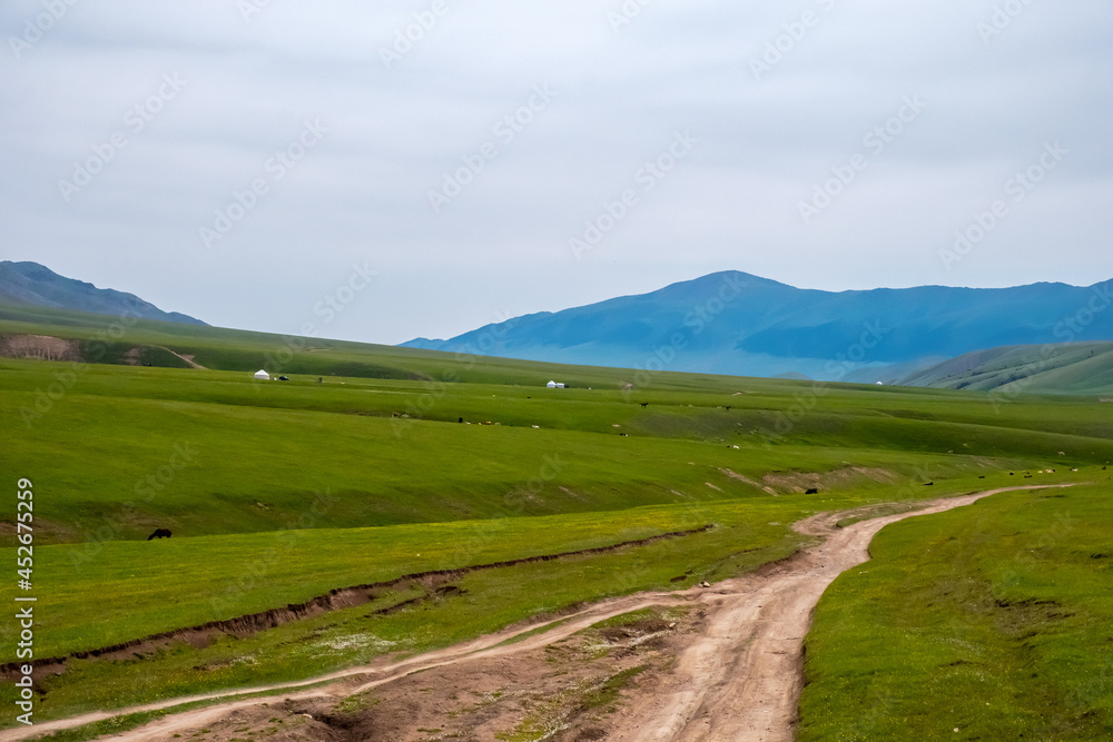 Gravel road on green mountain plateau with mountains on background. Assy plateau, Almaty region, Kazakhstan.Travel, tourism in Kazakhstan concept. Nature landscape.