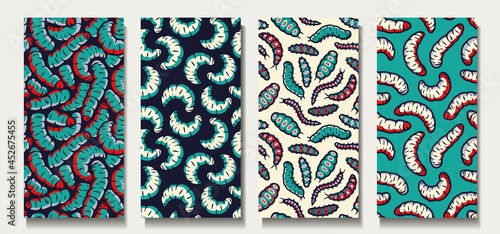 Worms or maggots for halloween. Larva insect or scary bug for creepy backgrounds. Set of seamless patterns for wallpaper of zombie party