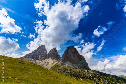 Impressive limestone peaks and beautiful skies in the Dolomite Alps in summer